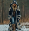 Navy blue hooded knit cardigan with white Celtic patterns in a snowy forest setting - 3XL / Navy Blue Celtic Ethnic (RW-JLCKS-1906)