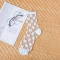Damen transparente beige Socken mit weißem Karomuster und gestrickten Bündchen - Weißes Quadrat