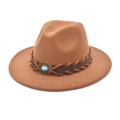 Camel wool fedora hat with turquoise beads and brown leather band decoration - M (56-58cm) / Khaki