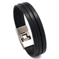 Retro double-layer black leather bracelet for men with vintage silver metal clasp - Black
