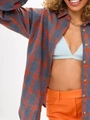 Camisa vintage a cuadros para mujer en gris y naranja, corte holgado con botones chic - S / Rojo Naranja