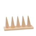 Minimalist wooden ring display stand with five conical holders on a rectangular base - 5-Slot Ring Cone Stand/Natural Wood