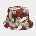 Close-up of brown bucket hat featuring colorful cartoon mushroom patterns and canvas texture - M (56-58cm) / 19# Brown Vintage Mushroom