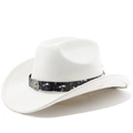 Detail of white felt western cowboy hat with lion head emblem on printed leather band - M (56-58cm) / Cream