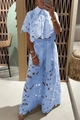 Light blue floral lace two-piece set featuring short sleeve shirt and wide-leg trousers - S / Top And Bottom / Blue