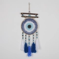 Bohemian Evil Eye dream catcher with blue tassels and wooden beads wall decor - 9545H With Wood Stick