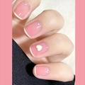 French style short press-on nails with pink gradient, white hearts and pearl dot accents - Pink French Heart Style (Y-122) / Glue Type