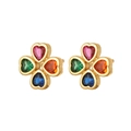 Golden four-leaf clover stud earrings with multi-color heart-shaped zircon stones - Four-Leaf Clover