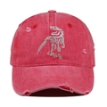 Close-up of pink distressed baseball cap featuring silver dinosaur skeleton embroidery - Watermelon red