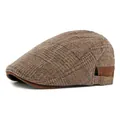 Brown plaid wool flat cap for men featuring adjustable metal buckle and warm texture - Adjustable / Plaid Flat Cap (CQ3519) / Coffee