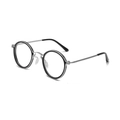 Retro round silver metal eyeglasses with black frame rims in 45-degree side view - Black and Silver