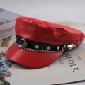 Red PU leather fisherman hat with silver metal chain and anchor charm on magazines - One Size 58cm / Bright Red Anchor Style