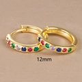Close-up of 12mm 18K gold huggie earrings with colorful inlaid zircon gemstones - 12mm / Gold