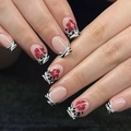 Short square press-on nails with zebra stripes, French tips and red floral art - French Floral Zebra Print Style (CW792)