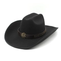 Classic black wool western cowboy hat with decorative leather band and bronze floral buckle - M (56-59cm) / Black
