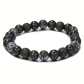 Elastisches Perlenarmband mit natürlichen 8mm Lavasteinen und Schneeflocken Obsidian - Schneeflocken-Obsidian + Lava + Matt Schwarz
