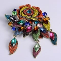 Vintage Baroque floral brooch with colorful rhinestones and blue center crystal - Style 2 (Multicolor Rose Bronze)