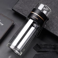 Premium double-layer glass water bottle with black insulated band and carrying strap - Black 400ml