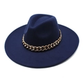 Detail of navy blue wool fedora featuring a bold chunky gold chain decorative band - M(56-58cm) / Navy Blue