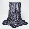 Detailed close-up of navy blue paisley satin scarf with elegant silk-like texture and patterns - Dark Blue Base Silver White Paisley (FT264-2)
