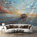 Tapiz mandala con escena de mar al atardecer y barco en un salón moderno - 150x130cm / Barco de Mar Abstracto
