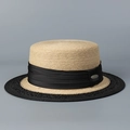Detail of boater hat straw texture with wide black satin ribbon and metal logo - M (56-58cm) / Black