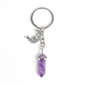 Natural purple crystal hexagonal pillar keychain with silver crescent moon pendant charm - Amethyst