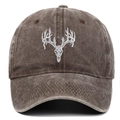 Detail of deer skull embroidery on a vintage washed brown cotton baseball cap - Coffee