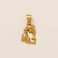 Detail view of double dolphin heart pendant in 18K gold plated stainless steel - Double Dolphin Heart
