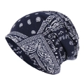 Navy blue slouchy beanie with white paisley pattern made of soft cotton fabric - Navy Blue