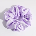 Close-up of light purple satin scrunchie with soft silk luster and elastic fold detail - Light Purple Large