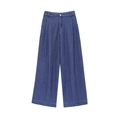 Women's dark blue denim wide leg pants with high waist and metal button on white background - XS / Pants