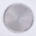 Silver round woven placemat featuring a shimmering finish and decorative fringe edge - Silver Metallic Silk Tassel Round