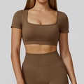Naadloze yoga-set in mokkabruin met top met vierkante hals en legging met hoge taille - S / Cacaobruin