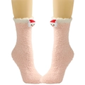 Detail von rosa Korallenvlies Weihnachtssocken mit 3D Weihnachtsmann und weißem Plüschrand - Kleiner Schneemann / Rosa