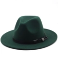 Detailed view of dark green wool fedora with black leather band and floral silver buckle - M (56-58cm) / Dark Green