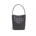 Petit sac seau gris foncé tissé à la main avec détails de cuir entrelacés - Gris Fer