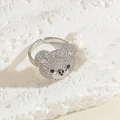 Adjustable open ring with silver teddy bear head pave-set with white cubic zirconia - Adjustable / Silver
