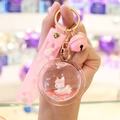 Pink unicorn liquid quicksand keychain with star sequins and a soft wrist strap - Pink-Round Ball Unicorn