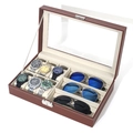 Brown leather storage box with clear window for 6 watches and 3 pairs of sunglasses - 6+3 Brown/Beige