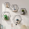 Set of five hexagonal black metal wall shelves with natural wood bases for home decor - Hexagon 5-piece Set / Black