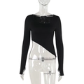 Detailed view of the asymmetrical slanted hem on a black slim-fit long sleeve top - S / Black