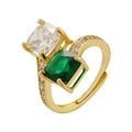 Adjustable gold ring with emerald cut green stone and cushion cut clear zircon gems - Gold Green Zirconia
