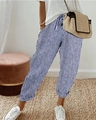 Detail of blue striped high waist casual pants with elastic waistband and relaxed fit - S / Bottoms / Blue