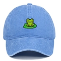 Vintage washed blue cotton baseball cap with cute frog embroidery on a white background - Light Blue