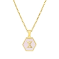 Gold hexagonal necklace with pink mother-of-pearl inlay and 3D initial letter X pendant - Pink Shell X