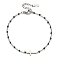 Minimalist silver stainless steel cross bracelet with black beads and lobster clasp - Black (Silver Chain)