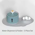 3-piece pet water fountain set with blue daisy dispenser, steel bowl and silicone mat - Water Fountain + Mat + Bowl (3pcs Set) / Steady Gray