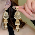 Elegant gold-plated tassel earrings with crystals and white imitation pearls - Bohemian Gold Pearl Tassel (097)