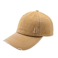 Close-up of vintage yellow baseball cap with contrast stitching and distressed details - One Size(Adjustable) / Ginger Yellow (Distressed Hole)
